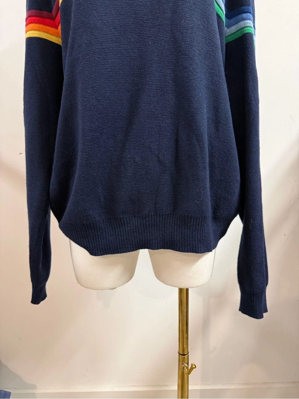Marine Layer Navy Crewneck Sweater with Rainbow Chest Stripe